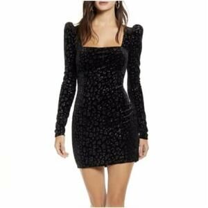 Row A Square neck Black Velvet Puff Shoulder Mini Dress size XL long sleeve
